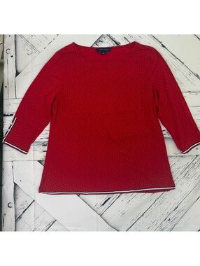 Tommy Hilfiger Red Polka Dot Boatneck Top Striped Trim Sleeve Luxury Top Women L